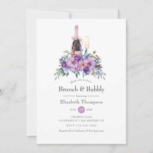 Paarse Floral Brunch en Bubble Vrijgezellenfeest Kaart (Voorkant)