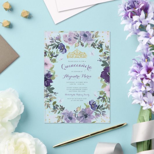 Paarse Floral Butterfly Gold Tiara Quinceanera Acryl Uitnodigingen (Insitu (Huwelijk))