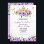 Paarse Floral & Butterfly Sweet 16 Birthday Kaart<br><div class="desc">Sweet zestien uitnodigingen in lila en lavendere schoppen van paars met gouden vlinders en een mooie tiara. Bezoek de winkel voor meer variaties,  waaronder meisjes in geiten met verschillende huidtinten en kleurencombinaties. Ook een Quinceanera-versie van dit ontwerp.</div>