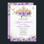 Paarse Floral & Butterfly Sweet 16 Birthday Kaart<br><div class="desc">Sweet zestien uitnodigingen in lila en lavendere schoppen van paars met gouden vlinders en een mooie tiara. Bezoek de winkel voor meer variaties,  waaronder meisjes in geiten met verschillende huidtinten en kleurencombinaties. Ook een Quinceanera-versie van dit ontwerp.</div>