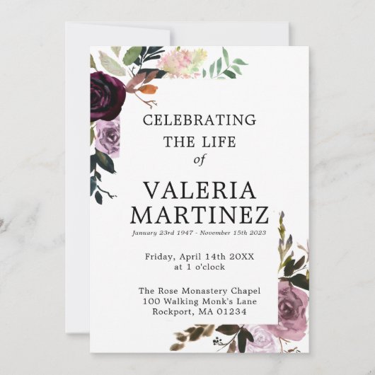 Paarse Floral Celebration of Life Funeral Programm Kaart (Voorkant)