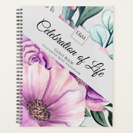 Paarse Floral Celebration of Life Guest Book Planner (Voorkant)