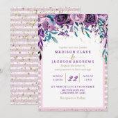 Paarse Floral Champagne Gold bruiloft uitnodiginge Kaart (Voorkant / Achterkant)