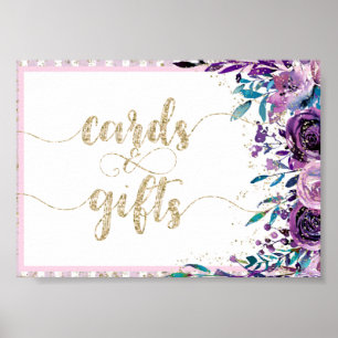 Paarse Floral Champagne Gold Wedding Cards & Gifts Poster