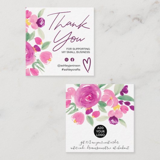 Paarse floral chic script font order bedankt u vierkante visitekaartje (Voorkant / Achterkant)