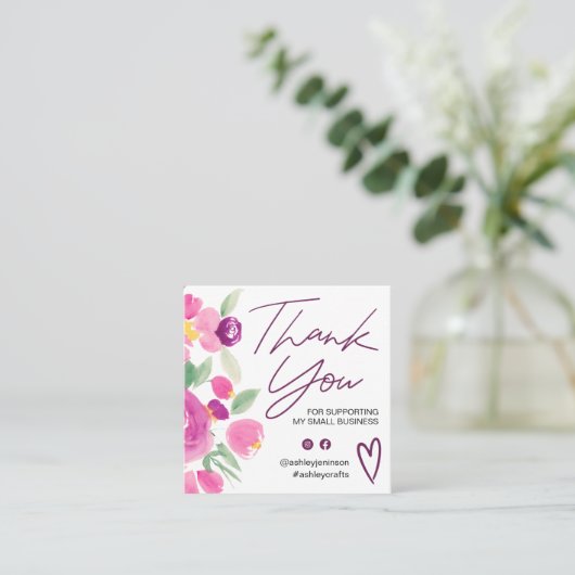 Paarse floral chic script font order bedankt u vierkante visitekaartje (Staand voorkant)
