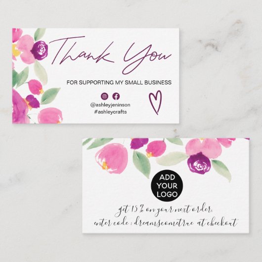 Paarse floral chic script font order bedankt u visitekaartje (Voorkant / Achterkant)