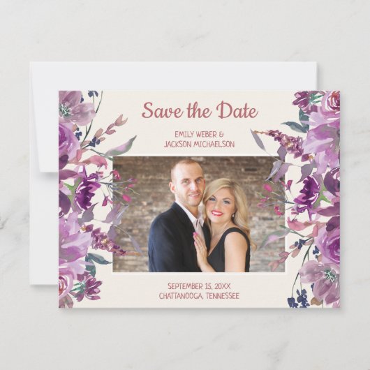 Paarse Floral Cream Weddenschap Opslagdatum Foto Save The Date (Voorkant)