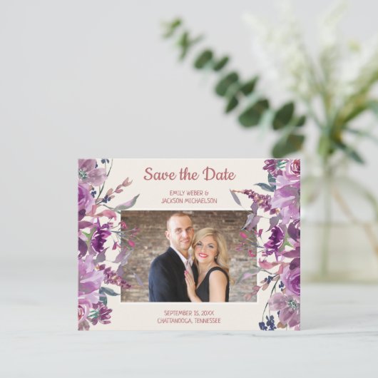Paarse Floral Cream Weddenschap Opslagdatum Foto Save The Date (Staand voorkant)