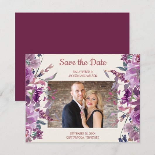 Paarse Floral Cream Weddenschap Opslagdatum Foto Save The Date (Voorkant / Achterkant)