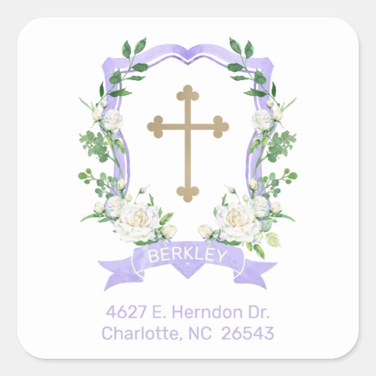 Paarse Floral Crest Baptism Return Address Vierkante Sticker (Voorkant)