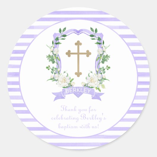 Paarse Floral Crest Baptisme Hartelijk dank Ronde Sticker (Voorkant)