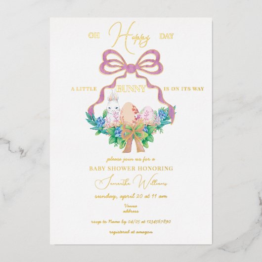 Paarse Floral Crest Paashaas Meisje Baby shower Folie Uitnodiging (Voorkant)