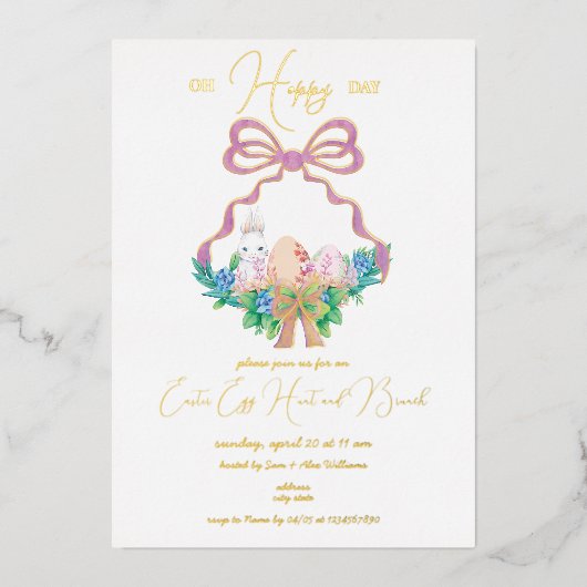 Paarse Floral Crest Paasmand Egg Hunt Brunch Folie Uitnodiging (Voorkant)