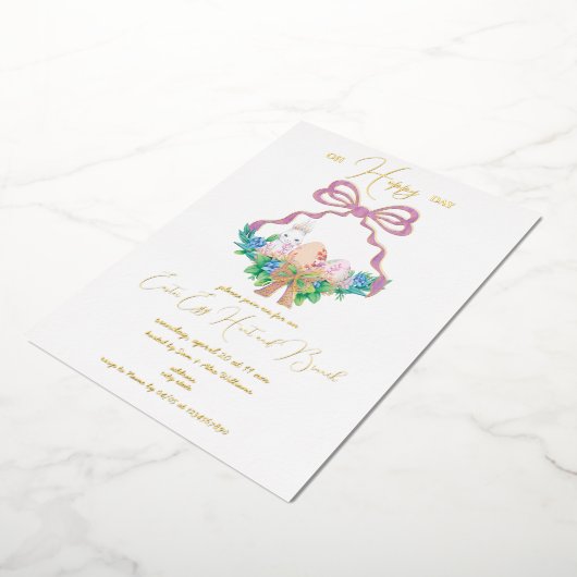 Paarse Floral Crest Paasmand Egg Hunt Brunch Folie Uitnodiging (Gedraaid)