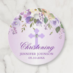Paarse Floral Cross Christening Baptisme Hartelijk Bedankjes Labels