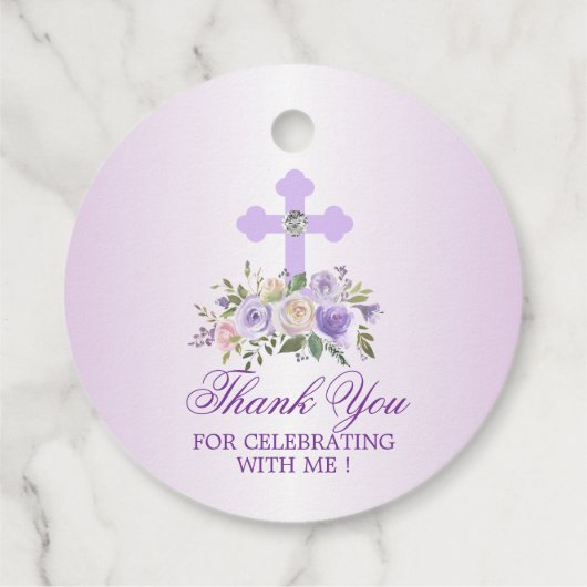 Paarse Floral Cross First Heilige Communie Dank u Bedankjes Labels (Achterkant)