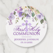 Paarse Floral Cross First Heilige Communie Dank u Bedankjes Labels (Voorkant)