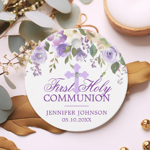 Paarse Floral Cross First Heilige Communie Dank u Bedankjes Labels