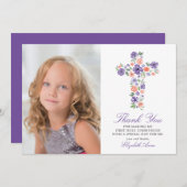 Paarse Floral Cross First Heilige Communie Dank u Bedankkaart (Voorkant / Achterkant)