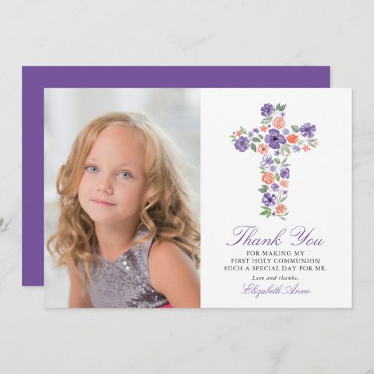 Paarse Floral Cross First Heilige Communie Dank u Bedankkaart (Voorkant / Achterkant)