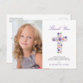 Paarse Floral Cross First Heilige Communie Dank u Briefkaart (Voorkant / Achterkant)