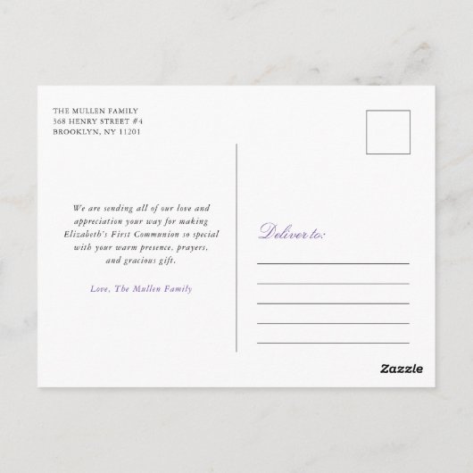 Paarse Floral Cross First Heilige Communie Dank u Briefkaart (Achterkant)