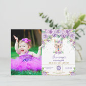 Paarse Floral Cute Llama Birthday Girl Foto Kaart (Staand voorkant)