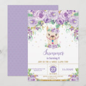 Paarse Floral Cute Llama Birthday Party Girl Kaart (Voorkant / Achterkant)