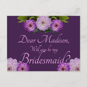 Paarse Floral Dahlia ben je mijn Bridesmaid? Uitnodiging Briefkaart