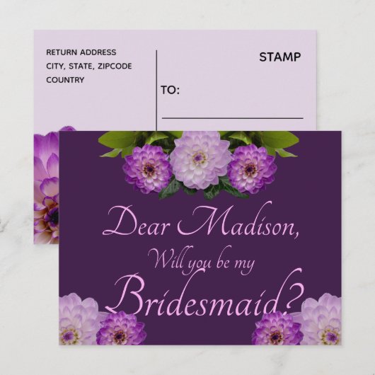 Paarse Floral Dahlia ben je mijn Bridesmaid? Uitnodiging Briefkaart (Voorkant / Achterkant)