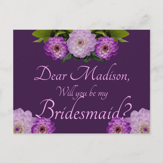 Paarse Floral Dahlia ben je mijn Bridesmaid? Uitnodiging Briefkaart (Voorkant)