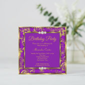 Paarse Floral Damask Foto Gold jarig feest Kaart (Staand voorkant)
