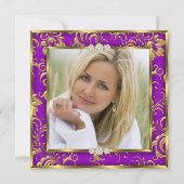 Paarse Floral Damask Foto Gold jarig feest Kaart (Achterkant)