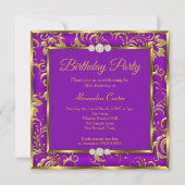 Paarse Floral Damask Foto Gold jarig feest Kaart (Voorkant)