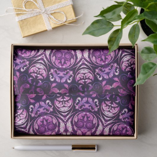 Paarse Floral Damask Pattern Tissuepapier (Geschenk)