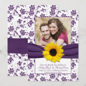 Paarse Floral Damask Sunflower Save the Date (Voorkant / Achterkant)