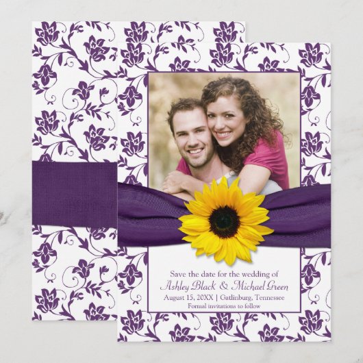 Paarse Floral Damask Sunflower Save the Date (Voorkant / Achterkant)