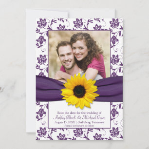 Paarse Floral Damask Sunflower Save the Date