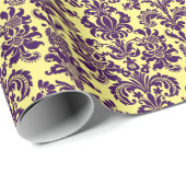 Paarse Floral Damaslicht gele achtergrond Cadeaupapier (Rol Hoek)