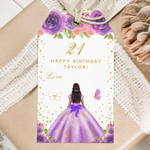Paarse Floral Dark Skin Girl Happy Birthday Cadeaulabel