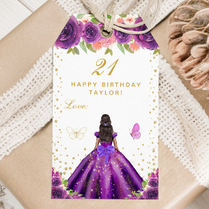 Paarse Floral Dark Skin Girl Happy Birthday Cadeaulabel