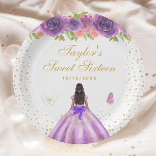 Paarse Floral Dark Skin Princess Sweet Sixteen Papieren Bordje