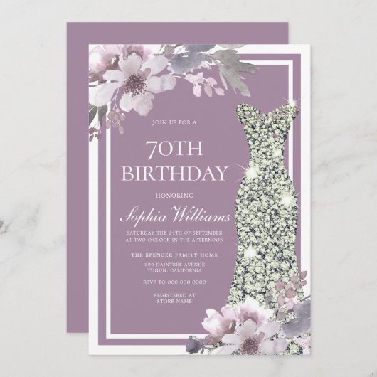 Paarse Floral Diamond Dress Womans 70e verjaardag Kaart (Voorkant / Achterkant)