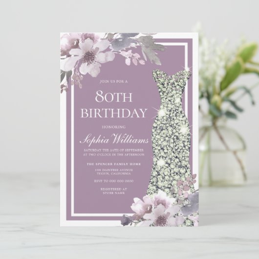 Paarse Floral Diamond Dress Womans 80th Birthday Kaart (Staand voorkant)