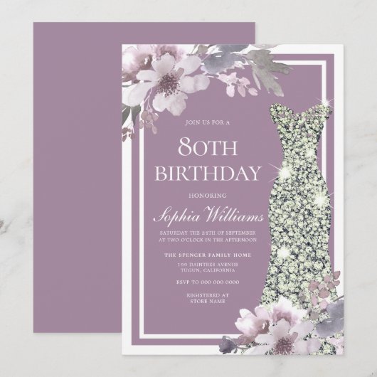 Paarse Floral Diamond Dress Womans 80th Birthday Kaart (Voorkant / Achterkant)