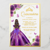 Paarse Floral Dress Butterfly Quinceanera Gold Folie Uitnodiging (Voorkant)