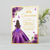 Paarse Floral Dress Butterfly Quinceanera Gold Folie Uitnodiging (Staand Voorkant)