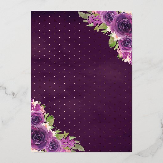 Paarse Floral Dress Butterfly Quinceanera Gold Folie Uitnodiging (Achterkant)