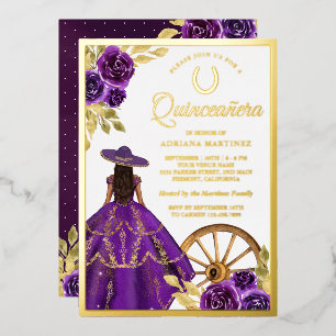Paarse Floral Dress Charro Quinceanera Gold Folie Uitnodiging